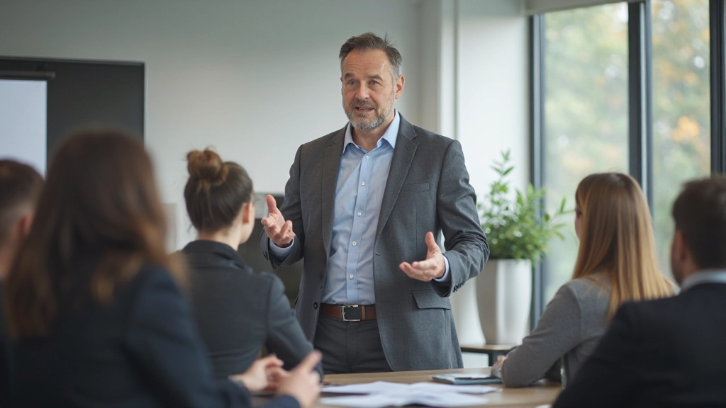 Финансовый советник проводит семинар для группы слушателей в современной аудитории