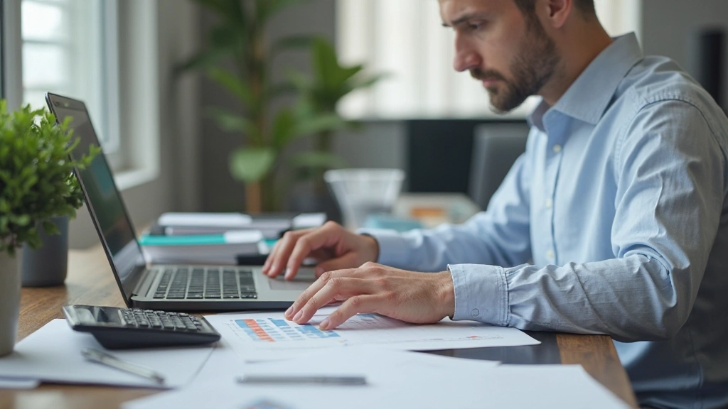 Ноутбук с таблицей бюджета и финансовыми документами на рабочем столе