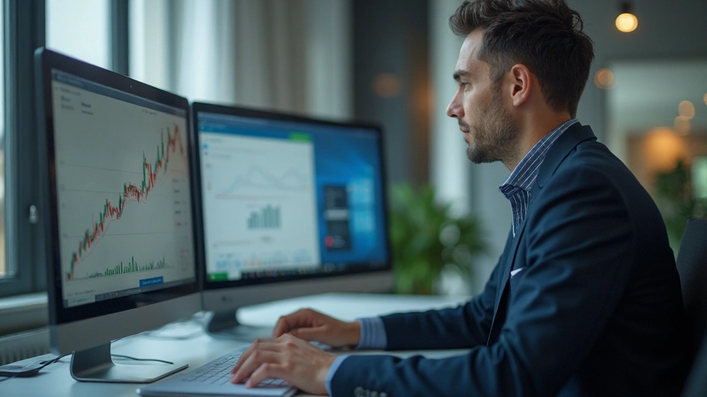 Молодой инвестор анализирует портфель акций на экране компьютера