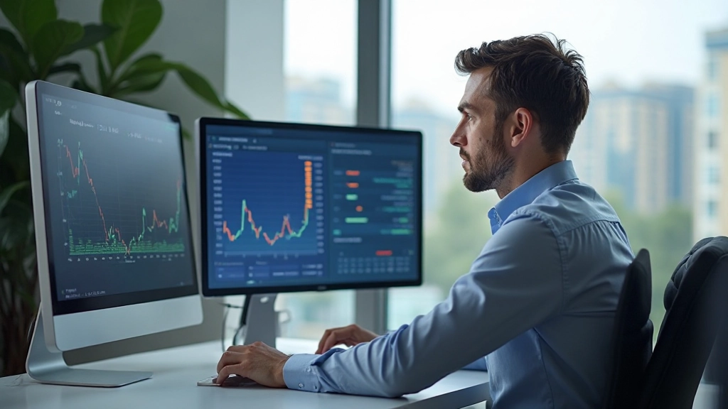 Профессиональный инвестор работает за компьютером с графиками акций, анализирует портфель в современном офисе с естественным освещением