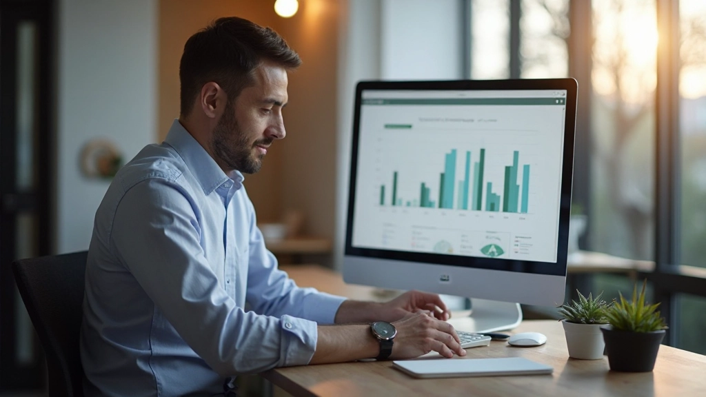 Инвестор анализирует портфель акций на компьютере