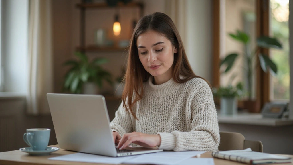 Женщина работает с финансовыми приложениями на ноутбуке, анализирует стратегии накопления и финансовые цели