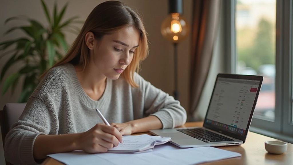 Молодая женщина заполняет таблицу бюджета на ноутбуке в домашнем офисе