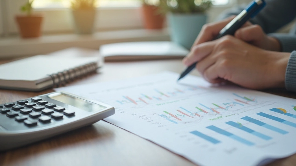 Персональный бюджет с калькулятором, блокнотом и графиками на столе в домашнем офисе