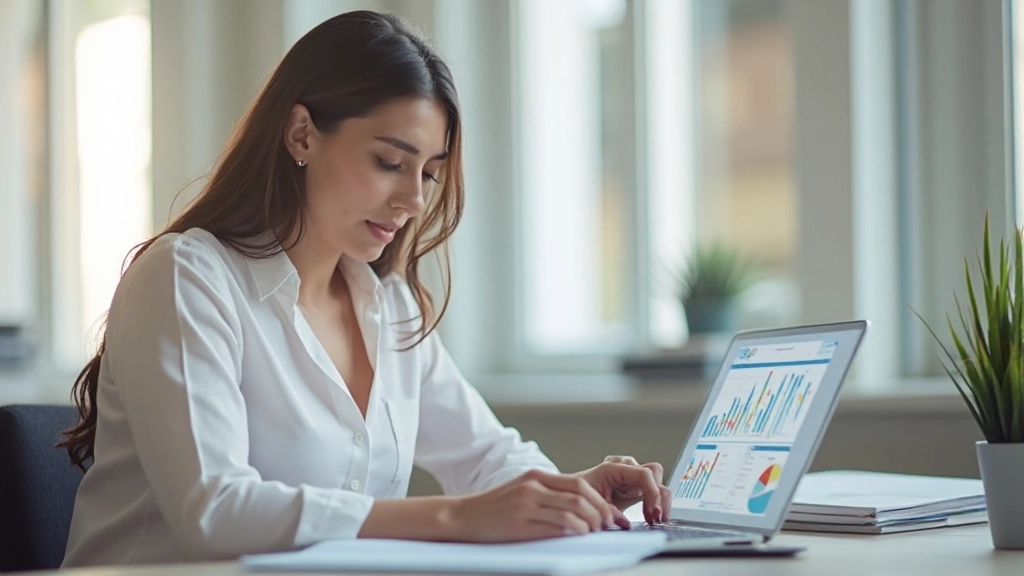 Молодая женщина планирует бюджет с графиками финансов на ноутбуке в светлом офисе